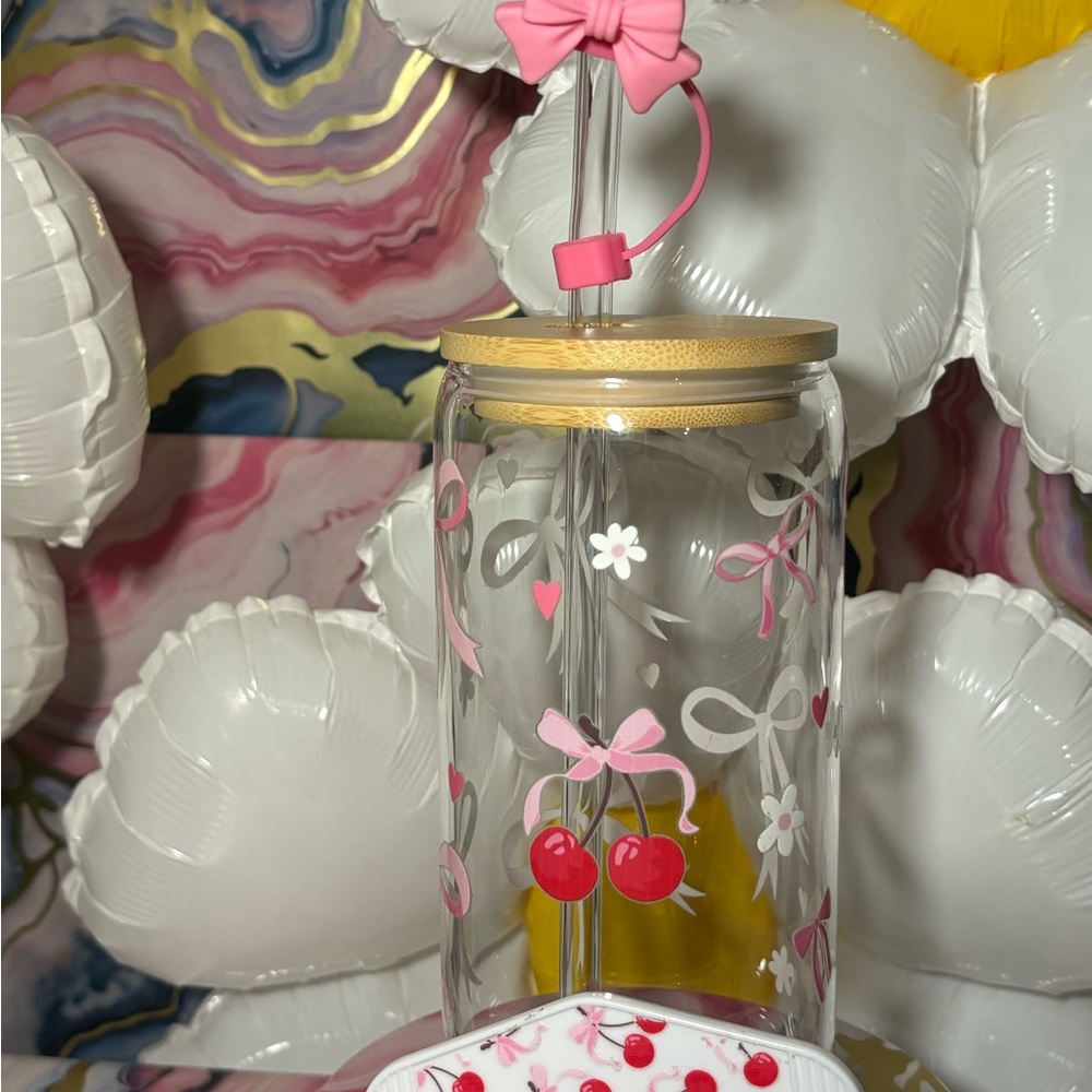 Cherry Blossom Glass Party Jar with Straw